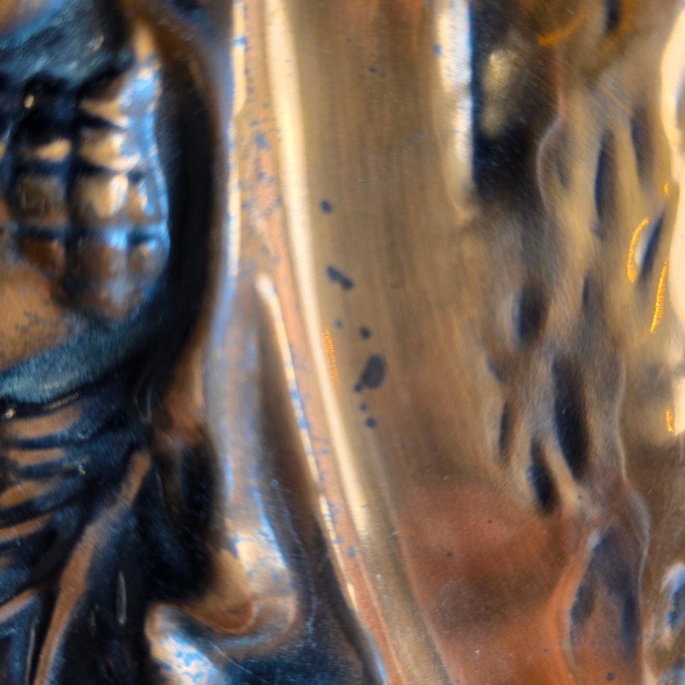 Vintage Embossed Copper Plate 'Settlers Scene' Log Cabin Oak Leaf Border 19.5" - Picture 9 of 11